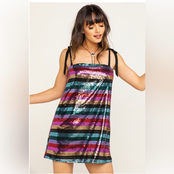 NWT Show Me Your Mumu Womens Super Slip Tie Party Stripe Sequin Dress Size Small - Picture 1 of 5